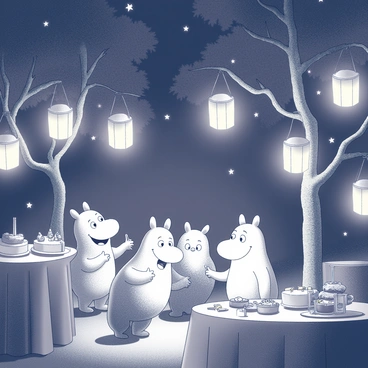 A group of Moomins gathered at a night festival, surrounded by an array of glowing lanterns that illuminate the scene. The Moomins are joyfully interacting, with some holding hands while others are playfully dancing. The lanterns hang from trees and are placed on tables, casting soft light around. Nearby, a large table is adorned with various festival treats, such as cakes and pastries, inviting others to join in the celebration. The background features a darkened sky dotted with stars, enhancing the festive atmosphere.
