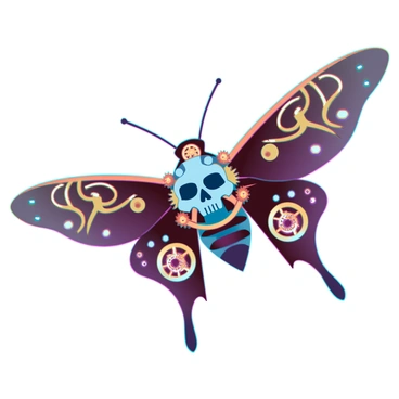 A steampunk-style death's-head hawkmoth with intricate clockwork wings, featuring brass gears, cogs, and exposed mechanical components that create a detailed, metallic appearance. The body of the moth is adorned with ornate patterns engraved into its exoskeleton, showcasing a blend of vibrant browns and deep golds. Its large, haunting skull-patterned marking on the thorax stands out against the darker hues of its wings. The moth is positioned mid-flight, with its wings spread wide, catching the light to reveal the complexity of its design.