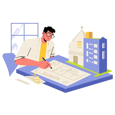 An architect with glasses is focused on a set of blueprints on a drafting table. The architect is using a pencil to add details to the plans. The table is cluttered with measuring tools, a triangle ruler, and a stack of additional papers. Natural light streams through a nearby window, illuminating the workspace. A large architectural model of a building is positioned beside the drafting table, showcasing the architect's design.