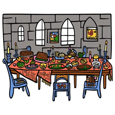An opulent feast is laid out on a long wooden table inside an ancient hall. The table is covered with a rich, embroidered tablecloth, adorned with an array of colorful dishes and elegant glassware. There are platters of roasted meats, vibrant fruits, and delicacies arranged artfully. Candles in ornate holders flicker softly, casting warm light on the scene. The walls of the hall are made of stone, with tall, arched windows letting in beams of light. Intricate tapestries depicting historical scenes hang on the walls. Richly decorated chairs surround the table, inviting guests to join the celebration.