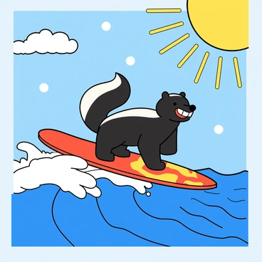 A cartoon skunk with black and white fur is balancing on a colorful surfboard riding a large blue wave. The skunk has a wide grin, and its bushy tail is raised high. The surfboard features bright red and yellow designs. The ocean is splashing water droplets around the skunk as it glides through the wave. Above, the sky is clear and bright blue with a shining sun that has expressive rays extending outward. In the background, small white clouds dot the sky, adding to the cheerful atmosphere.