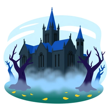 A large Gothic mansion with intricate architectural details and pointed arches stands prominently in the scene. The mansion's dark stone walls are adorned with ornate carvings and tall, narrow windows. Thick, swirling mist envelops the lower section of the mansion, creating an air of mystery. Surrounding the mansion are several ancient trees with gnarled branches, their leaves barely visible in the fog. The ground is covered in fallen leaves, adding to the eerie atmosphere. The sky above is overcast, casting a dim light over the entire scene.
