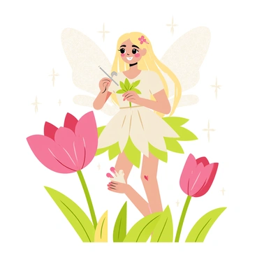 A flower fairy with shimmering wings is gently brushing frost off a pink flower petal using a tiny silver brush. The fairy has long, flowing hair adorned with small blossoms and wears a dress made of delicate leaves. The morning air is crisp, and soft sunlight filters through a light mist, illuminating the scene with a magical glow. Around the fairy, other flowers are covered in a thin layer of frost, glistening in the light. In the background, green foliage and small sparkling dewdrops add to the enchanting atmosphere.