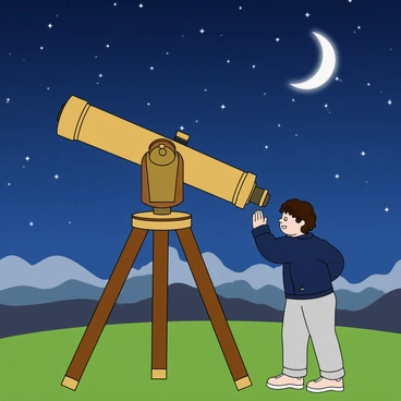 An old telescope with a brass body and wooden tripod is positioned on a grassy hilltop. The telescope has intricate details, including dials and knobs. A person with medium skin and short curly hair is standing beside the telescope, leaning forward slightly with a look of curiosity. They are wearing a navy blue jacket and light-gray pants. The sky above is deep blue, filled with twinkling stars and a crescent moon shining brightly. In the distance, silhouettes of mountains can be seen against the night sky, adding depth to the scene.