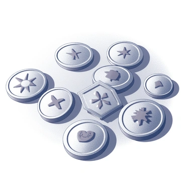 A variety of tokens displayed on a textured surface. Each token features distinct shapes and designs, representing different values and beliefs. Some tokens are circular, while others have star or square shapes. Each token is inscribed with symbols and numbers that correspond to their unique meanings. The arrangement of the tokens is deliberate, with some overlapping slightly, highlighting their significance and diversity. Shadows cast by the tokens create a visual depth on the surface beneath them.
