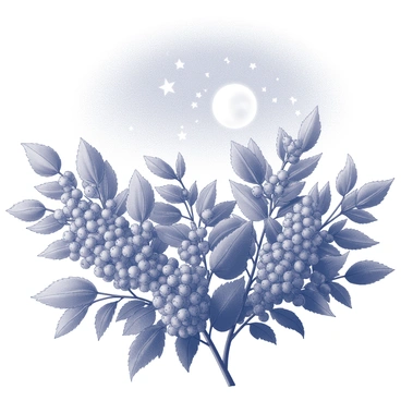 Elderberry bushes with clusters of small, dark berries are prominently featured. The bushes have a bushy, leafy appearance with distinct serrated leaves. Above them, a clear night sky reveals numerous stars twinkling brightly, creating a vast, open backdrop. The moon is visible, casting a soft glow over the scene, enhancing the details of the elderberry bushes. The overall composition emphasizes the natural beauty of the plants and the expansive sky above.