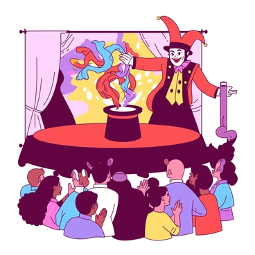 A red jester in a multicolored outfit is performing magic tricks on a stage. The jester is pulling vibrant scarves from a black top hat, with the scarves flowing out in a cascade of colors. The stage is illuminated with bright lights, emphasizing the jester's playful expression. In front of the stage, a captivated audience of diverse individuals is watching with wide eyes and smiles, some clapping and some leaning forward in anticipation. The backdrop of the stage features a whimsical design, enhancing the magical atmosphere of the performance.