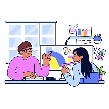 A mentor guiding a young artist on creating their first vector illustration