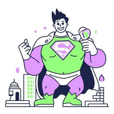 A comical superhero stands confidently, flexing his oversized muscles. He wears a bright, exaggerated costume with a massive "S" emblem on the chest, and a flowing cape that seems too large for him. His facial expression is humorous, with big googly eyes and a wide, goofy grin. The superhero's hair is styled in an outrageous manner, sticking up in all directions. In one hand, he holds a sandwich, while the other hand dramatically points forward, as if ready to save the day. Around him, various city landmarks are visible, with a cartoonish style that enhances the light-hearted nature of the scene.