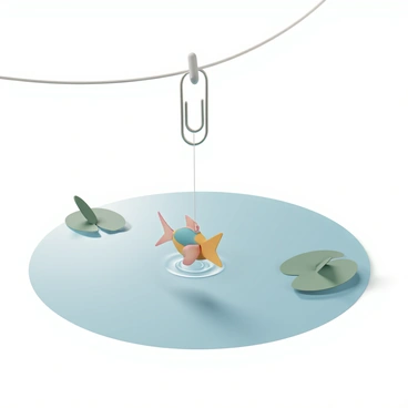 A shiny silver paper clip is hanging from a thin fishing line that stretches across the surface of a clear pond. The fishing line is taut, with the paper clip swaying gently in the breeze. Below the paper clip, a whimsical paper fish is suspended in the water, its vibrant colors contrasting with the natural greens and browns of the pond environment. The sunlight glimmers on the water's surface, creating small ripples around the fish, while lily pads float nearby, adding to the scene's charm.