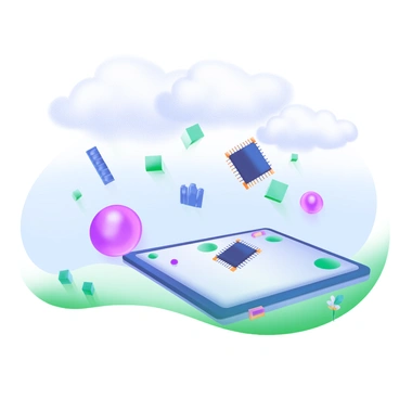 A modern pastel illustration showing "raindrops" made from various computer chip symbols cascading down from a soft, blue sky. The background features fluffy, white clouds gently floating. Below the sky, there is a serene landscape with greener grass and small flowers, enhancing the contrast with the falling symbols. The computer chip symbols vary in size and design, creating a dynamic flow of "raindrops."