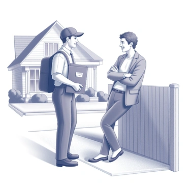 A mailman wearing a uniform and a baseball cap is standing on a sidewalk while holding a mailbag. He is engaged in conversation with a friendly neighbor, who is leaning against a fence. The neighbor is smiling and wearing casual clothing, with an open posture that conveys friendliness. The background features a suburban house with a well-maintained garden, adding a sense of community to the scene. The sunlight casts soft shadows, emphasizing the interaction between the two characters.