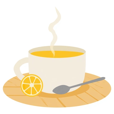 A steaming cup of yellow lemon honey tea sits on a wooden table. The cup is white with a smooth surface and a curved handle. A small silver spoon rests beside the cup on the table. Fresh lemon slices are placed on the table next to the cup, with vibrant yellow rinds and juicy flesh visible. The steam rises gently from the tea, creating a warm and inviting atmosphere.