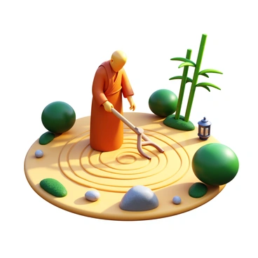 A monk, dressed in traditional robes, is raking intricate patterns in a zen garden. The monk holds a wooden rake, and his hands are steady and precise as he creates smooth, flowing lines in the sand. Surrounding the garden, there are meticulously placed rocks and carefully trimmed bushes, adding to the serene atmosphere. Soft sunlight casts gentle shadows, highlighting the textures of the sand and the monk’s robe. In the background, there are hints of bamboo and a small stone lantern, contributing to the overall tranquility of the scene.