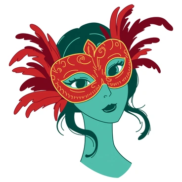 A teal face illustration of a masked ball attendee wearing an ornate red masquerade mask that features intricate gold detailing. The mask covers the eyes and has delicate patterns that shimmer in the light. The attendee's expression is playful, with slightly raised eyebrows and a subtle smile. Flowing from the mask are vibrant red feathers that add elegance to the overall look. The background is blurred to emphasize the attendee's face and the decorative features of the mask.