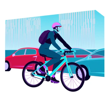 A person wearing a brightly colored helmet rides a sleek bicycle. The cyclist has a fitted black backpack secured on their back, which bounces gently with each pedal stroke. They are navigating through a line of stationary cars, their glossy surfaces reflecting sunlight. The urban landscape is bustling, with tall buildings lining the street and a clear blue sky above. The cyclist maintains a focused expression, demonstrating determination as they weave through the vehicles.