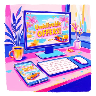 A computer screen sits on a modern wooden desk. The screen displays a flashy website filled with vibrant colors and exaggerated graphics. Large, bold text reads "Unbelievable Offers!" in a bright yellow font. There are images of luxurious products, such as shiny cars and extravagant vacations, alongside large price tags showing massive discounts. The background of the website is cluttered with flashy animations and popping icons. A smartphone lies next to the computer, showcasing the same website, creating a sense of hyperbole and urgency. A coffee mug sits beside the screen, half-filled with dark coffee.