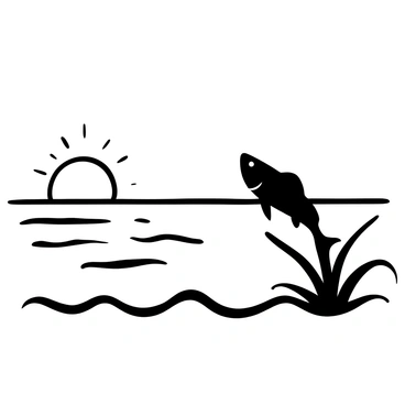 A black-and-white illustration of a sunset over the ocean, where the sun is low on the horizon. The reflection of the sun casts ripples on the water's surface. A silhouette of a snapper fish jumps out of the water, creating a splash. In the foreground, gentle waves roll towards the shore, adding texture to the scene. The distant horizon is lined with faint outlines of clouds, framing the sunset.