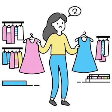 A shopper with long brown hair stands in a colorful boutique. She is holding two dresses, one bright pink and the other a light blue, in each hand. A thought bubble above her head displays a smiling face next to the pink dress and a frown next to the blue dress. The boutique is filled with various clothing racks and colorful tags. Brightly patterned fabric swatches are visible on nearby tables.