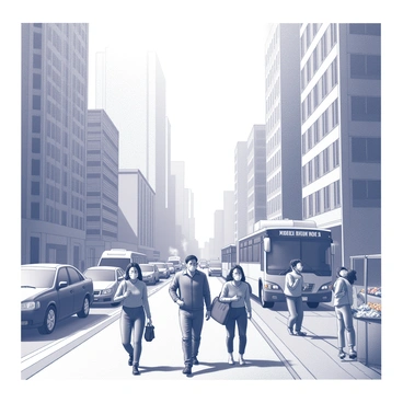 A busy city street filled with tall buildings and heavy traffic. Citizens are walking along the sidewalk, all wearing "smog masks" to protect themselves from pollution. Some individuals are carrying bags, while others are talking on their phones. The sky above is obscured by a haze, giving a grayish atmosphere. Cars and buses are lined up, with exhaust fumes rising from their tailpipes. The ground is littered with debris, and a few street vendors are seen behind makeshift stalls. People appear to be focused on their destinations, moving quickly amidst the urban landscape.