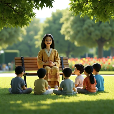 Themis, a woman with a strong and serene expression, is seated on a wooden park bench. She has long, flowing hair and wears a traditional robe with a decorative pattern. Surrounding her are a group of children with diverse appearances, sitting cross-legged on the grass, listening attentively. The scene captures the children’s animated expressions as they engage with her stories. The park is filled with lush green trees and colorful flowers in the background, creating a vibrant and inviting atmosphere. The sun casts soft light over the scene, enhancing the sense of warmth and community.