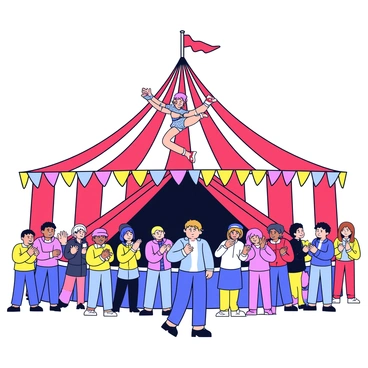 A circus scene under a large red and white striped big top. In the center, a performer dressed in a sparkling costume is executing a daring aerial stunt, suspended high above the ground. Surrounding the performance area, a crowd of diverse audience members is clapping enthusiastically, their faces filled with excitement. Colorful banners and balloons decorate the tent, adding to the festive atmosphere. The lighting inside the big top creates a vibrant and lively ambiance.