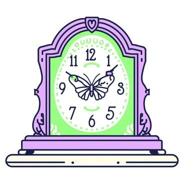 A Victorian mantel clock is displayed prominently on a wooden shelf. The clock features intricate carvings along its edges, with ornate details that reflect its era. At the center of the clock face, there is a delicate moth design, seamlessly integrated into the clock's structure. The moth is depicted with its wings outstretched, surrounded by elegant floral patterns. The clock hands are ornate, and the numbers are displayed in a classic font. The overall color scheme emphasizes the rich details of the clock and the moth design, creating a striking visual focal point.