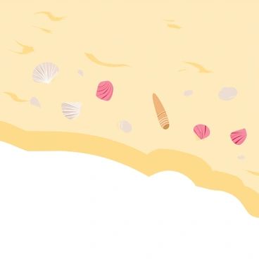A sandy beach with soft, pale yellow sand stretching across the scene. Various seashells in different shapes and sizes are scattered along the shore, including some spiral shells and flat, oval ones. The seashells have different colors, such as pink, white, and light brown, and they glisten brightly in the warm sunlight. Gentle waves are lapping at the edge of the sand, creating a small frothy line where the water meets the shore.