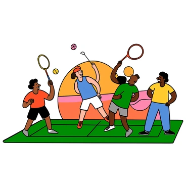 Players enjoying a friendly badminton match as the sun sets in the background.