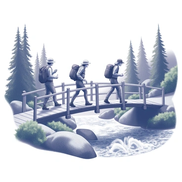 A group of hikers traversing a wooden bridge. The bridge spans over a rushing stream, with water cascading rapidly beneath it. Lush greenery surrounds the scene, with tall trees and dense foliage on either side of the stream. The hikers are equipped with backpacks, wearing outdoor gear, and appear focused on their journey across the bridge. The sound of the water and the texture of the wooden planks create a vivid atmosphere of adventure in nature.