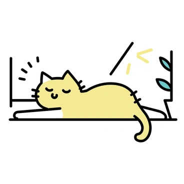 A cat with a fluffy coat, stretching its body while lounging on a sunlit windowsill. The cat is in a relaxed position, with its eyes half-closed and a content expression on its face. Sunlight is casting soft shadows around it, highlighting its features. The background includes a hint of a plant with green leaves, creating a cozy atmosphere.