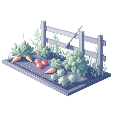 A vegetable garden with neatly arranged rows of various plants. The garden features leafy greens, plump tomatoes, vibrant carrots peeking from the soil, and bushy herbs. The plants are well-maintained, showing signs of careful tending. A wooden fence surrounds the garden, and a small, rustic garden tool rests against the fence. The sunlight casts shadows, enhancing the shapes and textures of the foliage and produce. The scene evokes a sense of abundance and care in gardening.