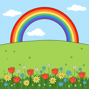 A vibrant double rainbow arcs gracefully across the sky, with its colors vividly blending from red to violet. Below, a vast green field is filled with an assortment of bright flowers, including yellow daisies, red tulips, and blue cornflowers, all glistening with droplets of water from a recent rain shower. The ground is slightly damp, reflecting the colorful hues above. Patches of clear blue sky peek through fluffy white clouds in the background, enhancing the overall brightness of the scene.