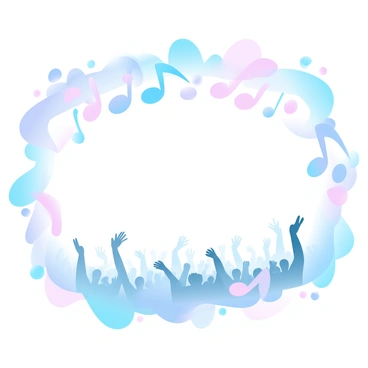 A collage of colorful musical notes fills the illustration board, layered over images of festival crowds enjoying the event. The musical notes vary in size and shape, with some notes appearing bold and others more delicate. The backgrounds feature silhouettes of people dancing, raising their hands, and celebrating. Striking gradient pastel colors blend harmoniously throughout the scene, creating an energetic atmosphere that encapsulates the spirit of a lively festival.