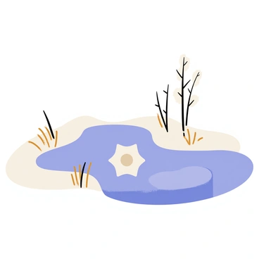 A delicate ice crystal, shaped like a snowflake, is floating gently on the surface of a frozen pond. The pond is covered with a smooth layer of ice, reflecting shimmering light. Surrounding the pond, there are clusters of frosty white snow and small patches of brown reeds peeking through. In the background, a few tall, leafless trees stand against a pale blue sky, enhancing the wintry scene.