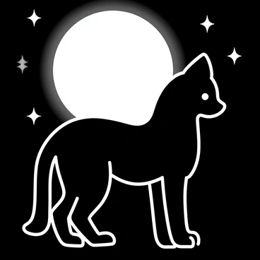 A black silhouette of a caracal, characterized by its distinct tufted ears, stands prominently. The caracal's body is sleek and agile, showcasing its muscular build. Behind it, a bright, full moon illuminates the night sky, creating a stark contrast against the silhouette. The moon is large and round, with soft, glowing edges that enhance the scene. Stars are scattered throughout the dark sky, adding to the tranquil atmosphere of the night.