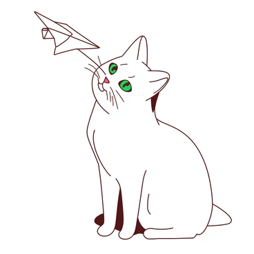 A white cat with bright green eyes is sitting calmly, its head slightly tilted upward. A delicate paper airplane, crafted from white paper, is gently descending and is about to land on the tip of the cat's nose. The airplane is perfectly aligned and balanced, creating a moment of stillness. The cat's whiskers are slightly raised, and its fur appears smooth and fluffy, highlighting the contrast between the cat’s soft features and the rigidity of the paper airplane.