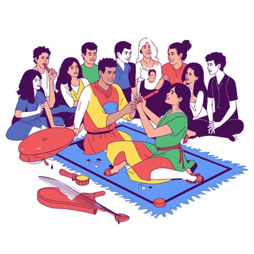 A musician dressed in colorful traditional attire is sitting on a vibrant blue rug, playing a wooden flute. Surrounding the musician, a diverse group of visitors of various ages and backgrounds are gathered, some sitting cross-legged on the rug while others stand attentively. The visitors exhibit expressions of curiosity and enjoyment as they listen to the music. In the musician's other hand, there is a small tambourine resting on their knee, adding rhythm to the melody. Nearby, a few traditional instruments are placed on the ground, including a bright red drum and a stringed instrument with a glossy finish. The scene conveys a lively cultural atmosphere filled with music and engagement.
