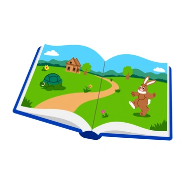 An open storybook with colorful pages showing an illustrated scene of "The Tortoise and the Hare's Race." The left page features a slow-moving tortoise with a green shell and determined expression, while the right page displays a fast, confident hare with long ears and a playful smile. The background of the scene is a vibrant meadow with green grass, colorful flowers, and a bright blue sky. There is a winding dirt path stretching between the two competitors, and small woodland creatures can be seen watching the race with excitement.
