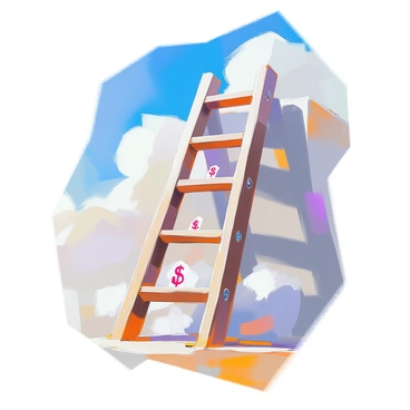 A wooden ladder leaning against a bright blue sky, stretching upwards into the clouds. Each rung of the ladder is distinctively marked with increasing currency values, such as "$1," "$5," "$10," and so forth, creating a gradient of wealth climbing towards the heavens. The ladder appears sturdy, with sunlight casting shadows on its rungs, emphasizing the textured wood. Fluffy white clouds float in the background, adding depth to the scene. The overall composition invites viewers to imagine the journey of reaching for greater aspirations.