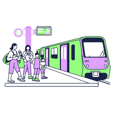 A metro train is approaching a station, its doors partially open as it slows down. The train features sleek, modern design elements. On the platform, several passengers stand in anticipation. Some are holding bags and reading tickets, while others are looking at their phones. A young woman with a backpack leans against a pillar, gazing down the tracks. Nearby, a family of three is gathered, kids excitedly pointing towards the arriving train. Above, a digital screen displays the train's schedule and the station name. The environment is bustling with energy as the train comes to a stop.