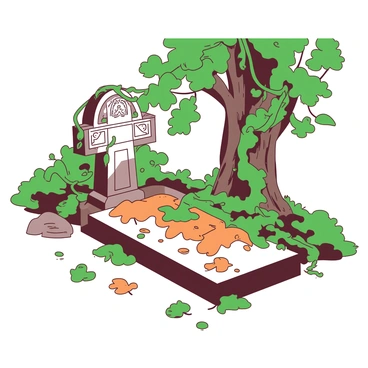 An old grave is partially obscured by green vines that weave around the weathered stone. Fallen leaves in shades of orange and brown are scattered across the surface, creating a natural blanket. The grave marker is adorned with intricate carvings that hint at its age and history. Surrounding the grave, patches of moss add a touch of softness to the scene, while the surrounding trees offer a dappled light filtering through their branches.