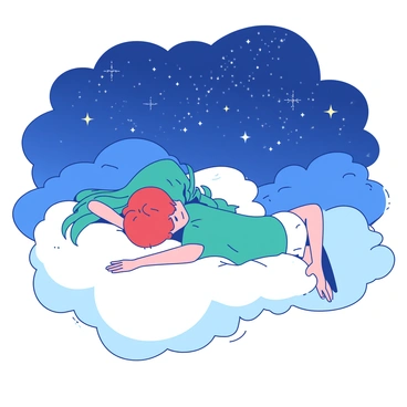 Two characters are lying on soft, white fluffy clouds, gazing up at a vibrant night sky filled with shimmering stars. The first character, a girl with long teal hair, is wearing a flowing white dress, and her arms are stretched out beside her. Next to her, a boy with short red hair is resting on his elbows, wearing a teal shirt and white shorts. The clouds are billowing around them as they share stories, and the twinkling stars above form constellations that sparkle brightly against the deep blue backdrop of the sky.
