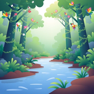 A winding river flows through the center of a lush tropical rainforest. The river's water is a deep blue, reflecting the greenery surrounding it. Tall trees with broad leaves, various shades of green, create a dense canopy overhead. Vines and colorful flowers hang from the branches, adding splashes of color to the verdant scene. Exotic birds with vibrant plumage can be seen perched among the foliage. The ground is covered with rich soil and clusters of ferns, enhancing the tropical atmosphere. Sunlight filters through the leaves, casting dappled shadows on the riverbank.