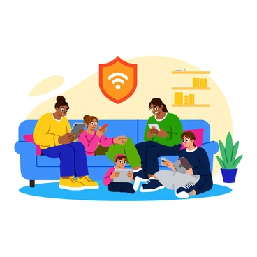 A family of four is gathered in a cozy living room, each member using different devices. The father is sitting on a blue couch, holding a tablet, while the mother is next to him, scrolling through her phone. A teenage girl is on the floor, focused on her laptop, and a young boy is playing a game on a handheld console. Above them, a large "shield" symbol in bright colors represents their secure Wi-Fi connection. The background features a warm, inviting atmosphere with bookshelves and decorative plants.