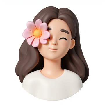 A vibrant flower, with petals in shades of pink and orange, is delicately resting over one eye of a young woman. Her hair is long and wavy, cascading around her shoulders in a rich brown color. The woman has a soft expression on her face, with her other eye gently closed. She is wearing a simple white blouse that contrasts with the vivid colors of the flower. The background is softly blurred, drawing attention to the flower and the woman's serene features.