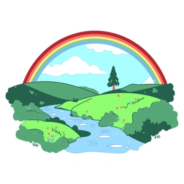 A red rainbow arcs across a white landscape after a storm. In the foreground, there are lush green rolling hills dotted with small wildflowers. The sky above is filled with soft white clouds that are slowly dispersing, creating a bright atmosphere. A small clear stream runs through the landscape, reflecting the colors of the rainbow and the light of the sky. In the distance, a lone tree stands on a hill, providing a focal point against the vibrant backdrop.
