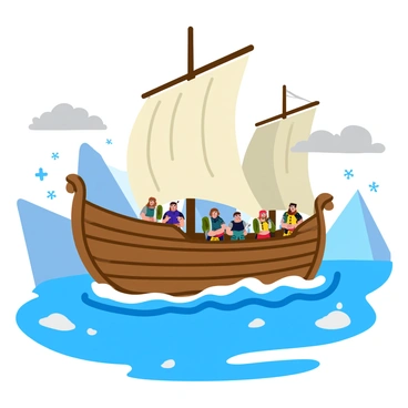 A Viking ship with a wooden hull and a dragon-shaped prow sails through icy blue waters. The ship's sails are unfurled, displaying intricate Nordic patterns. Onboard, several warriors clad in chainmail and fur tunics stand at the ready, gripping their shields and swords, looking determined and fierce. The icy landscape surrounding them features jagged icebergs floating in the water and a cloudy gray sky overhead. Snowflakes gently fall, adding a wintry touch to the scene.