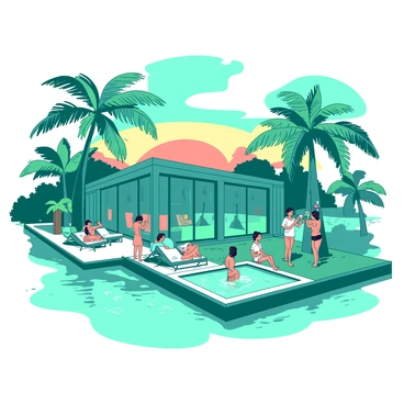 A teal luxurious resort is situated on a floating island surrounded by calm water. Elegant wooden structures with large glass windows form the main building of the resort. Palm trees with lush green fronds sway gently in the warm breeze. Guests are lounging on comfortable sunbeds, sipping colorful tropical drinks, and enjoying the scenery. Some guests are taking photographs of the stunning sunset in the background, while others are chatting animatedly near a pool that reflects the vibrant colors of the evening sky. The overall atmosphere is welcoming and vibrant, with the resort illuminated by soft lights.