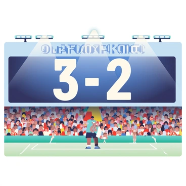 A large digital scoreboard at Old Trafford displays the final score of an intense football match. The numbers "3 - 2" are brightly lit in bold white font against a dark blue background. Surrounding the scoreboard, the stadium is filled with a vibrant crowd of fans wearing team jerseys, many of them standing and cheering. A few fans are waving flags, and some are holding scarves aloft. Above, the floodlights illuminate the pitch, casting a bright light on the grass, which shows signs of wear from the game.